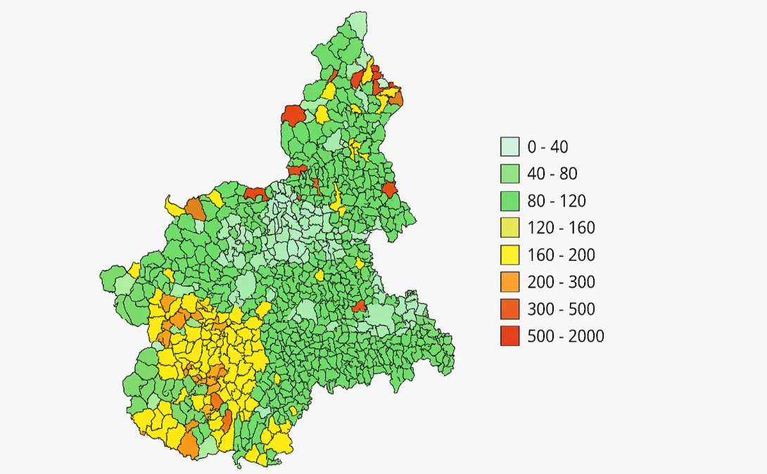 Distribuzione in Piemonte del Radon